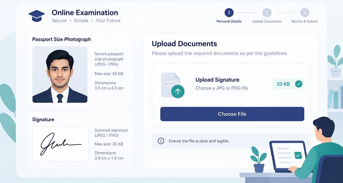 An online examination form asking for a passport photo and a signature under 20 KB